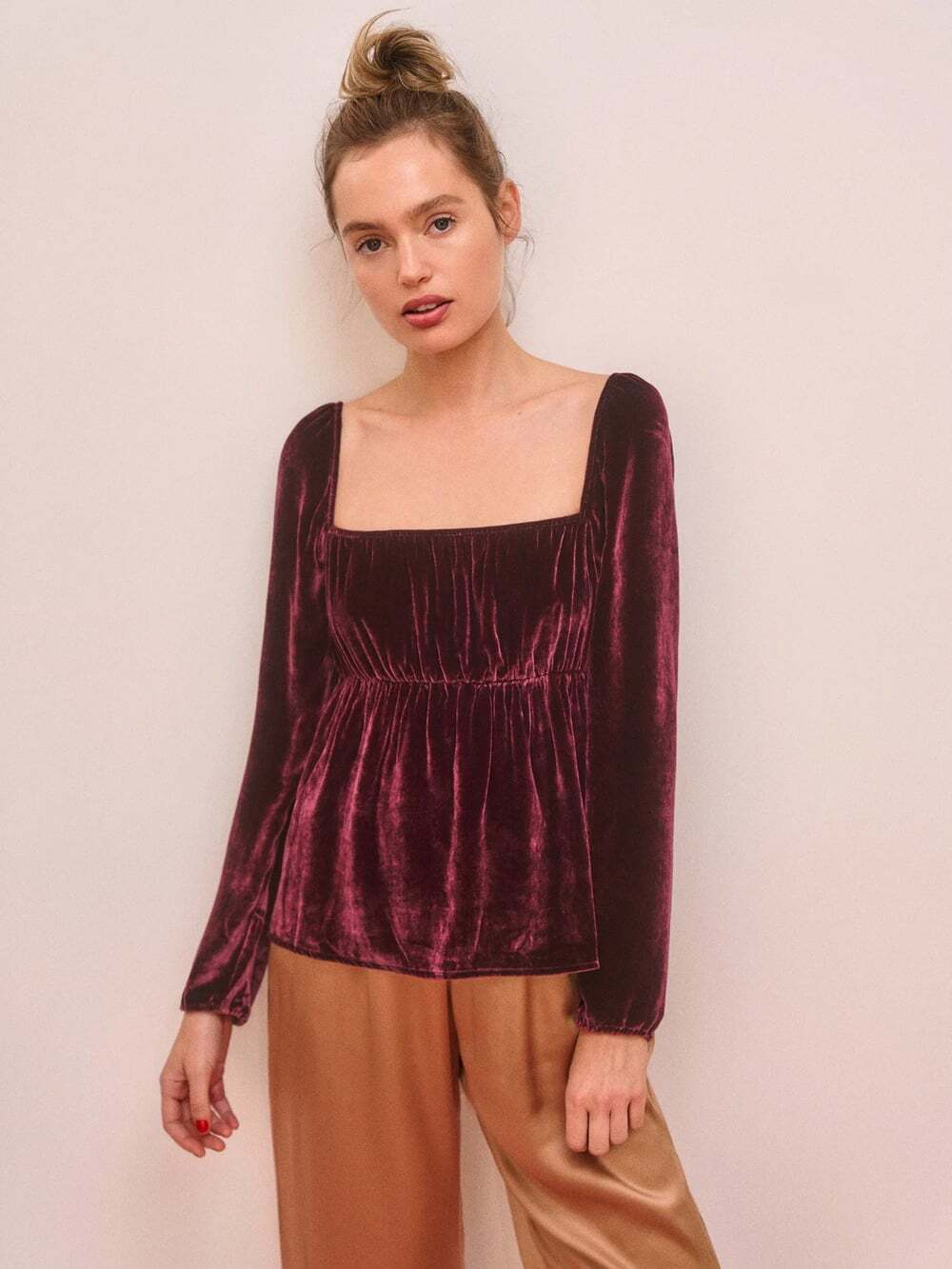 Reformation Roy Velvet Babydoll Top Square Neck Silk Blend Burgundy Wine Size 8
